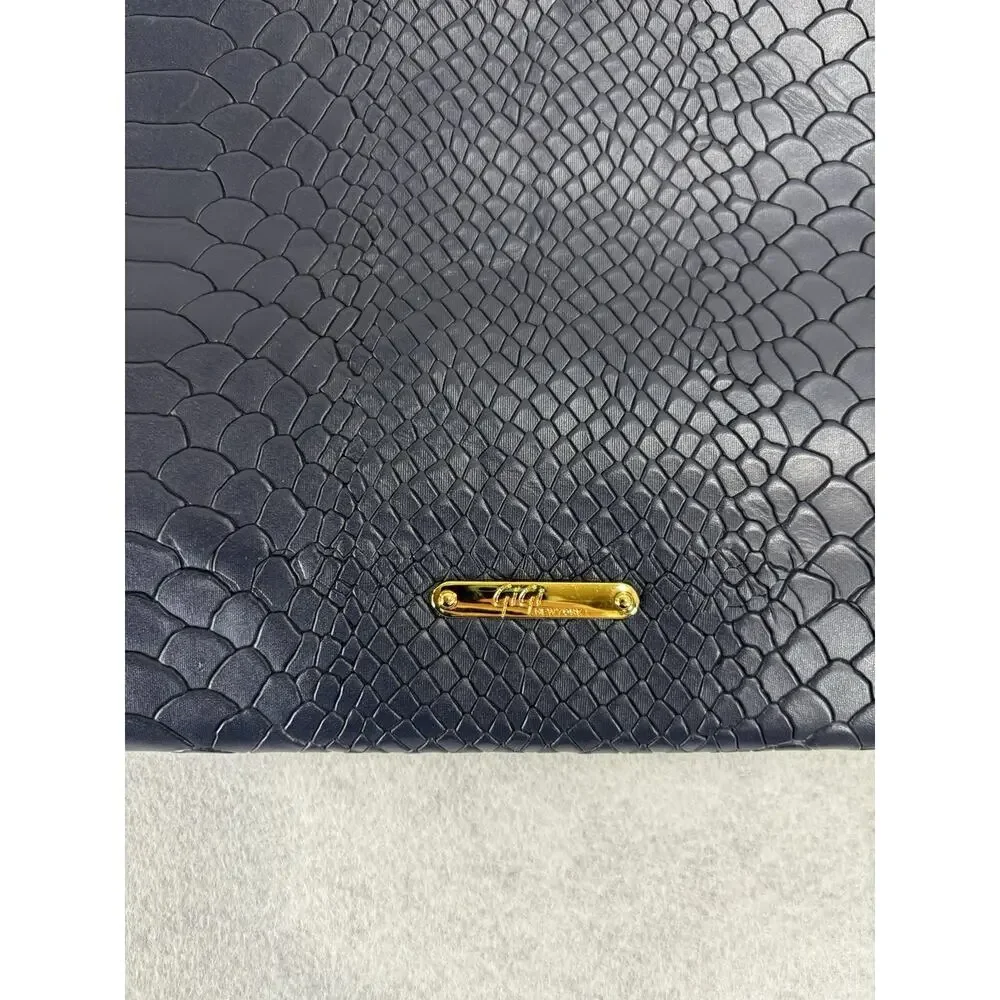 GiGi New York Navy Blue Foldover Clutch Vegan Leather Snake Print Zipper NoStrap - Picture 2 of 11